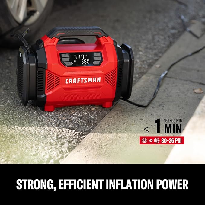 CRAFTSMAN Dual Power Tire Inflator Portable Air Compressor, 12V DC Car Plug & 120V AC Home Use, Up to 150 PSI with Digital Gauge & Auto Shut-Off, LED Light, Air Pump for Cars, Bikes & Inflatables