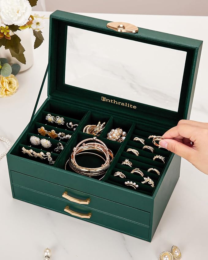 Enthralite Jewelry Box with 2 Drawers: Display Organizer for Earrings Necklaces - Christmas Gifts for Girls Women (Forest Gre