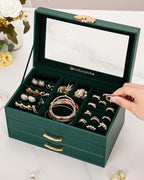 Enthralite Jewelry Box with 2 Drawers: Display Organizer for Earrings Necklaces - Christmas Gifts for Girls Women (Forest Gre