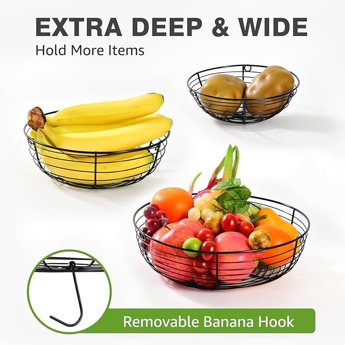 HULISEN 3 Tier Hanging Fruit Basket with Banana Hook, 36-Inch Heavy-Duty Wire Hanging Baskets for Kitchen Storage, Vegetable 