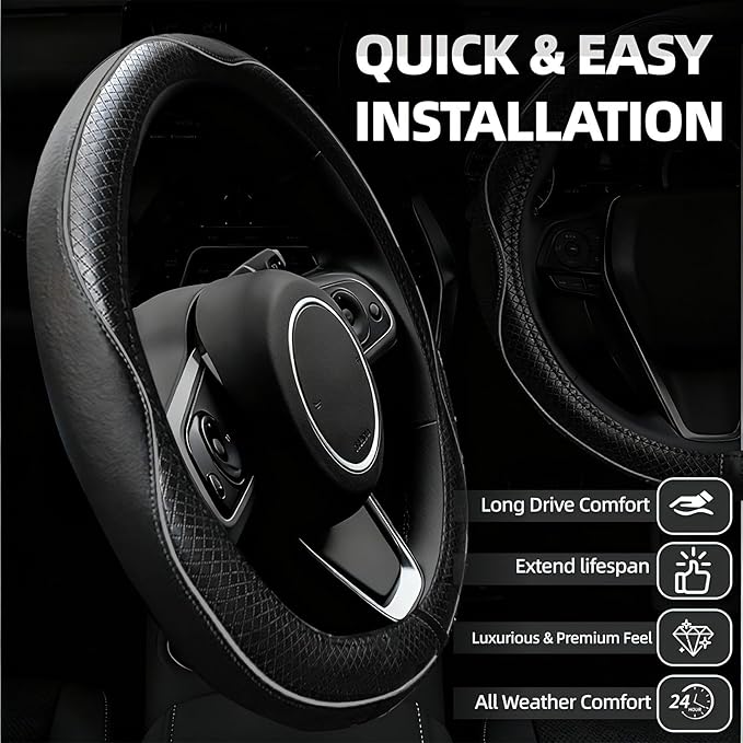 NBTEPEM 6 PCS Car Steering Wheel Cover Set, Microfiber Leather Steering Wheel Covers Universal 14.5-15 inch, Center Console Cover, Seat Belt Cushion, Cup Coaster, Car Accessories Set Black Gray