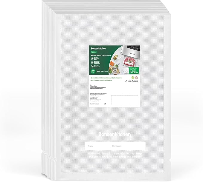 Bonsenkitchen Precut Vacuum Sealer Bags, 100 Gallon 11" x 16" Food Sealer Bags, Food Grade, BPA Free, Heavy Duty, Customized 
