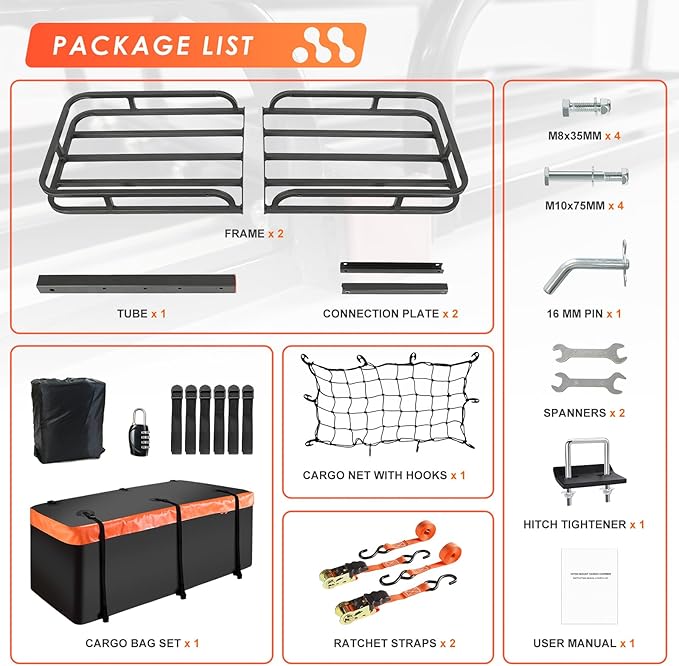 Hitch Mount Cargo Carrier Basket 53"*19"*5"+Waterproof Bag 9 Cubic Feet(51"*17"*18"),and Cargo Net with Attachment Hooks,Ratchet Straps,Hitch Stabilizer.500 Lbs Capacity,fit 2" Receiver