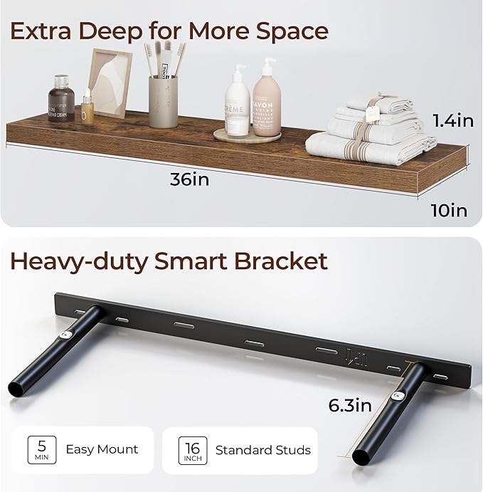 Fun Memories Floating Shelves for Wall 36 Inch Set of 3, Farmhouse Floating Shelves with Invisible Heavy Duty Bracket, 10 Inc