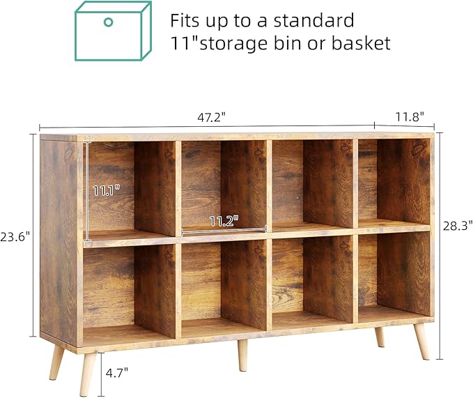 Flrrtenv 8-Cube Bookshelf 2 Tier Retro Bookcase with Legs, 11in Shelf Opening, 47" Wood Bookshelves Storage Organizer Shelf, 