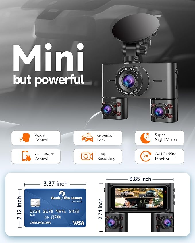 360° Dash Cam Front and Rear Inside, 4 Channel Dash Camera for Cars FHD 1080Px4, Built-in Wi-Fi, 3.16” IPS Screen, WDR Night 