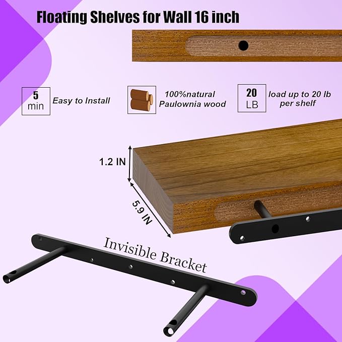 IAE Walnut Floating Wall Shelves 16 inch, Bathroom Shelves Wall Mounted,Invisible Shelf Floating Kitchen Shelves,Wooden Wall 