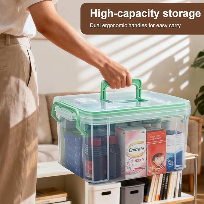 15QT Clear Medicine Organizer Storage Box with Handle & Tray - Thickened Plastic Empty First Aid Box, Multipurpose Medical Co