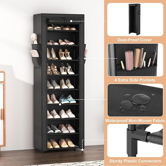 VILICK Shoe Rack with Cover Narrow Shoe Organizer with 4 Side Pockets 10 Tier Tall Shoe Storage Holds 18-22 Pairs Shoes and B