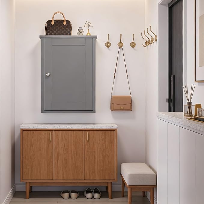 VINGLI Bathroom Wall Cabinet, Gray Medicine Cabinet with Single Door, Small Over Toilet Storage Organizer with Adjustable She