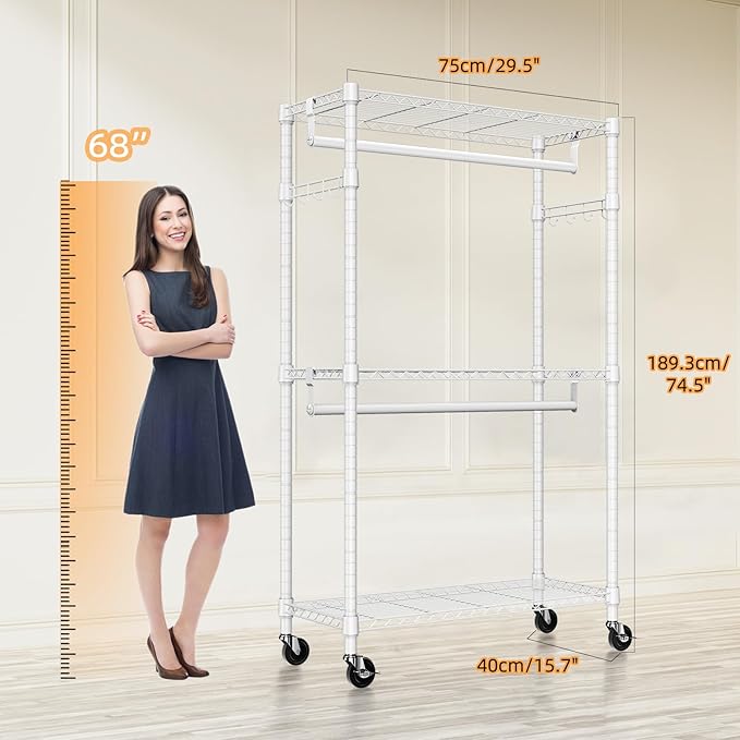 M MZG Heavy Duty Rolling Garment Rack 3 Tiers Adjustable Wire Shelving Clothes Rack with 2 Rods and Side Hooks,Storage Closet
