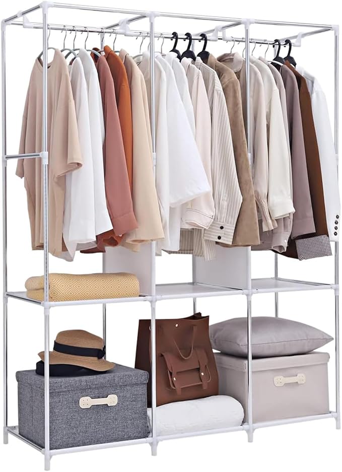 Clothes Organizer 3 Hanging Rod Shelf Portable Closet with Cover Clothes Rack Standing Closet Clothes Storage Wardrobe Garmen