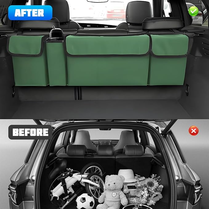 Car Trunk Organizer with Lid, Large Waterproof Vehicle Backseat Hanging Storage Bag with 4 Pockets & Adjustable Straps, Colla