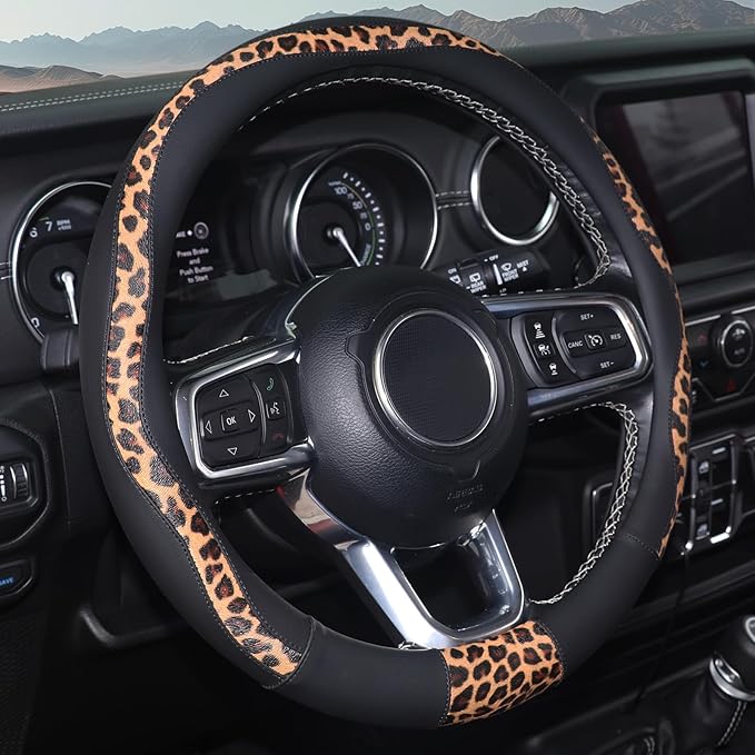 Leopard Steering Wheel Cover, Breathable Microfiber Leather Universal 14.5-15 inch for Most Automotive Steering Wheel Cheetah