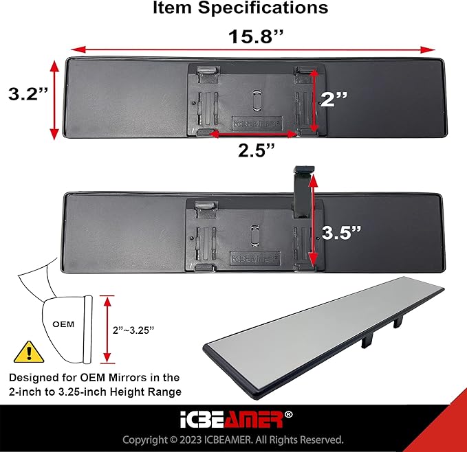 15.8" ICBEAMER Clip On Rear View Mirror | Flat Clear Tint Glass, Panoramic Wide Angle HD Glass, Anti Glare, Universal Fit for Car, SUV, Truck | Eliminates Blind Spots (1 Pack)