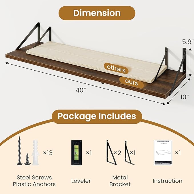 Floating Shelves for Wall,40" Wall Mounted Shelves Set of 2,Long Wood Floating Shelves,Hanging Wide Display & Storage Shelf w