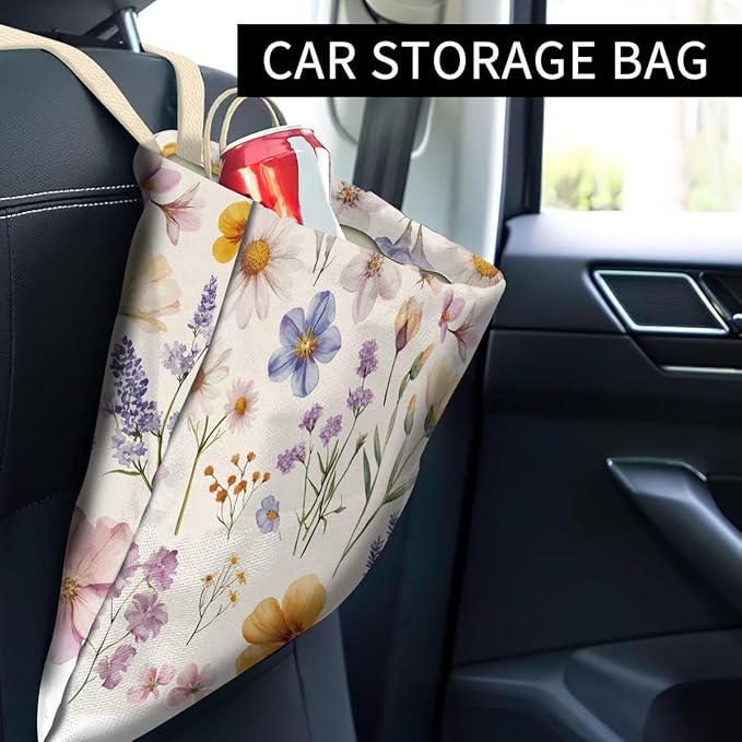 Car Trash Can, Cute Car Trash Bag, Hanging Car Organizer and Storage Bag, Trash Bin for Car Accessories, Vehicle, Travelling, Camping Cute Purple Flower