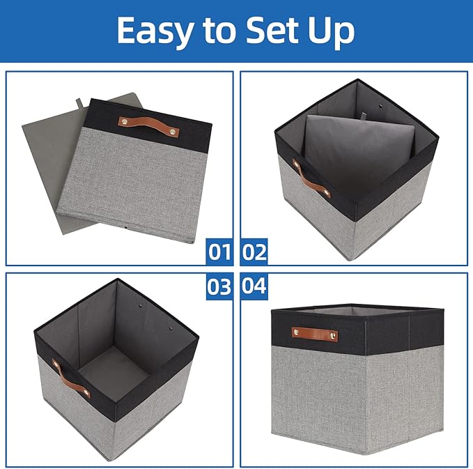 Temary 13 x 13 Storage Cubes Foldable Storage Cubes 4 Pack Canvas Storage Bin for Home, Square Storage Baskets with Leather H