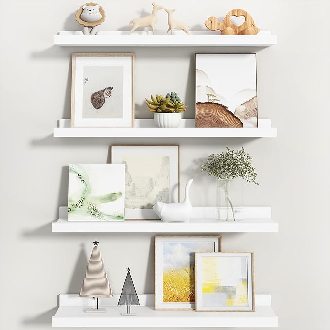 Fun Memories Picture Ledge Shelf, White Floating Shelves Set of 4, 24 Inch Picture Shelves for Wall with Ledge, Large Nursery