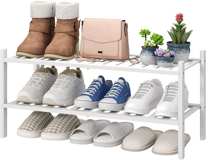 viewcare White Shoe Rack for Entryway, 2 Tier Shoe Organizer for Hallway Closet, Bamboo Wood Shoe Racks for Indoor Outdoor (W