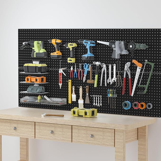Pegboard, 4 PCS 16”×16” Large Heavy Duty Metal Pegboard Panels with Frame Black Peg Board Display Peg Boards for Walls, Displ