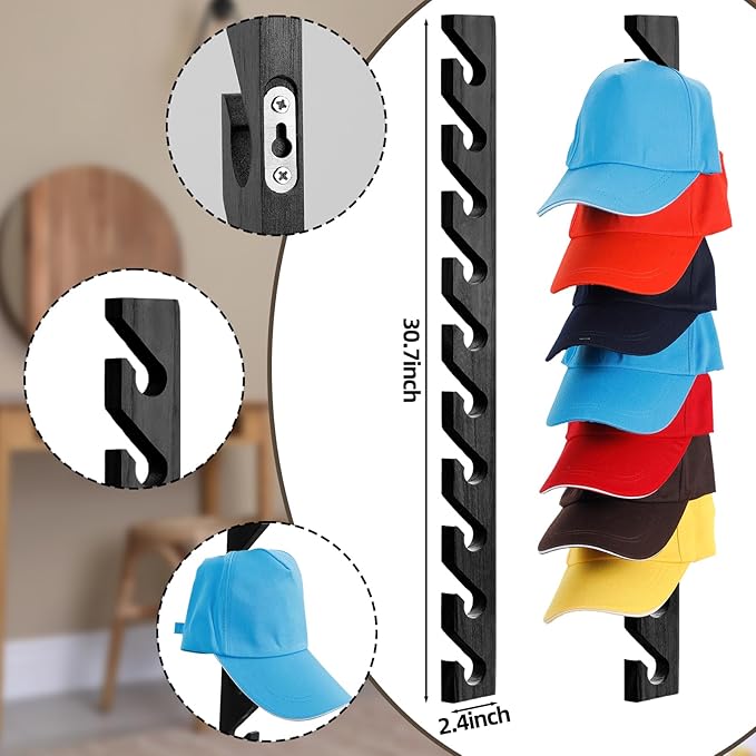 BBTO 3 Pack Wooden Hat Rack for Baseball Cap Wall Mount Hat Racks 30 Slot Vertical Baseball Cap Display Holder with 10 Hooks 