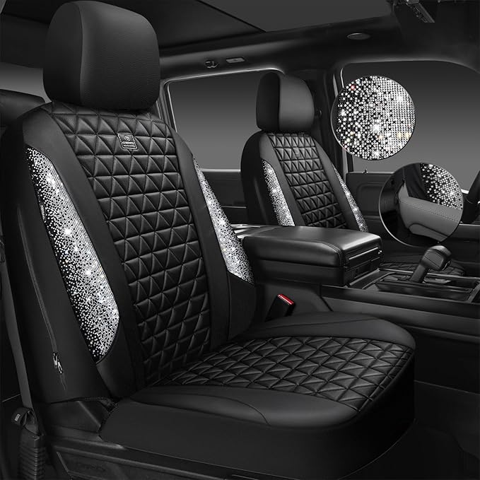 CAR PASS Bling Diamond Leather Car Seat Covers Full Seats Interior Sets, Waterproof Shining Glitter Sparkly Crystal Universal