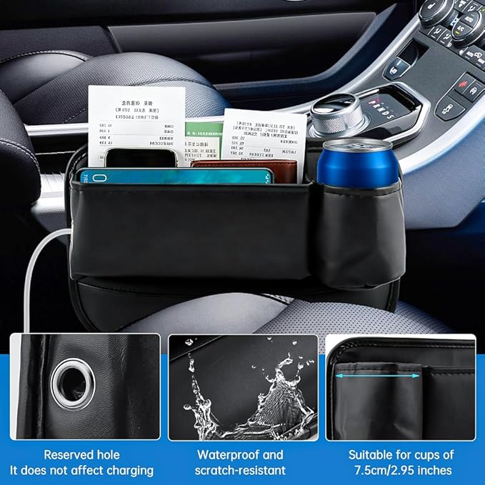 2 Pack Car Seat Gap Filler Organizer, Leather Seat Gap Bag with Cup Holder (3.14 inch) & 4 Hooks, Anti-Slip Flannel Lined Storage Box for Phone, Keys, Wallet, Fit Most Cars