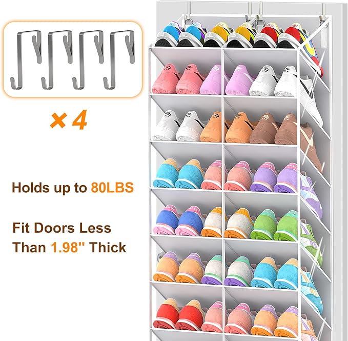 UVIAHOMI 20-30 Pairs Over the Door Shoe Organizer, Clear Pockets Hanging Shoe Storage for Closet, 10-Tier Door Shoes Rack, Ha