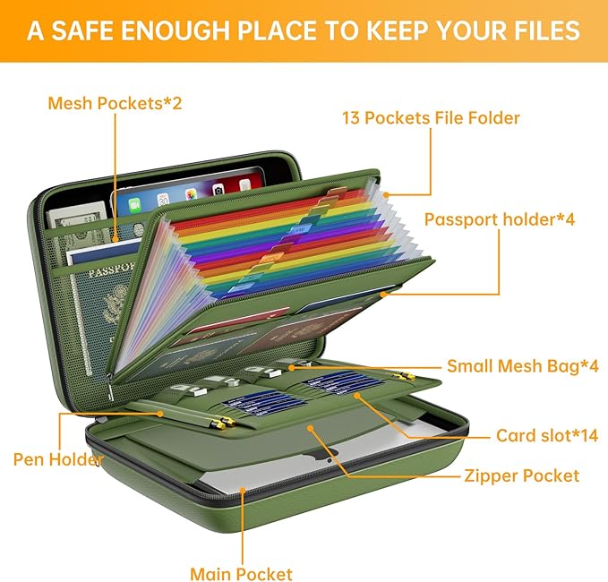DocSafe Fireproof File Organizer with Lock, Hard-Shell Case Fireproof Document Box with 13 Pocket Accordion File Folder, Port