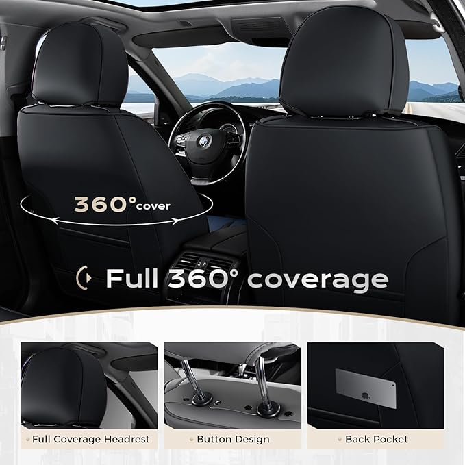 Coverado Car Seat Covers Full Set, Nappa Leather Seat Covers for Cars, Car Seat Protector Car Seat Cushion, Front and Back Se