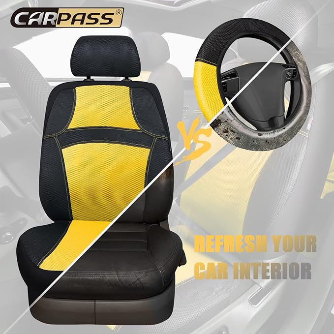 CAR PASS Universal 13PCS 3D Air Mesh-100% Breathable Seat Covers Full Sets Steering Wheel&Belt Cover Airbag and Rear Split Bench Compatible for 90% Automotive SUV Truck Cute Women Black Yellow