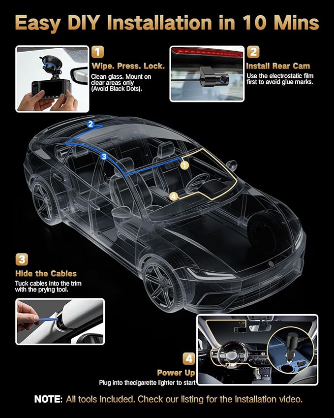 4K Dash Cam Front and Rear Inside, 3-Channel Cars Camera Dash with 170° Wide Angle, Free 64GB SD Card, 5.8GHz WiFi, Night Vis