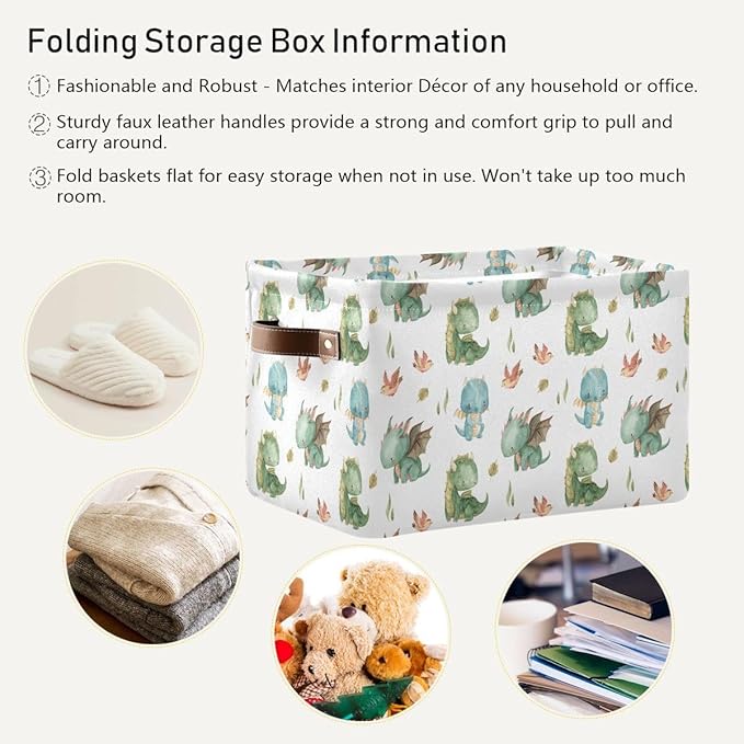xigua Cute Dragon Storage Basket Collapsible Storage Bins Waterproof Canvas Storage Basket with Leather Handles for Home Clos