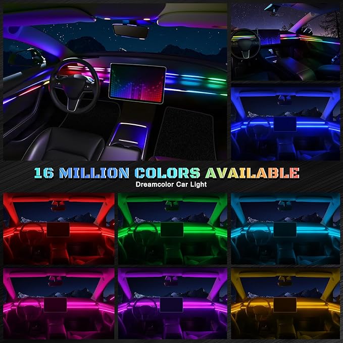 Dreamcolor Acrylic Interior Car LED Strip Light with Wireless APP, RGB 6 in 1 with 175 inches 612 LEDs Fiber Optic Car Symphony Ambient Lighting Kits, Sound Active Function LED Strip for Cars