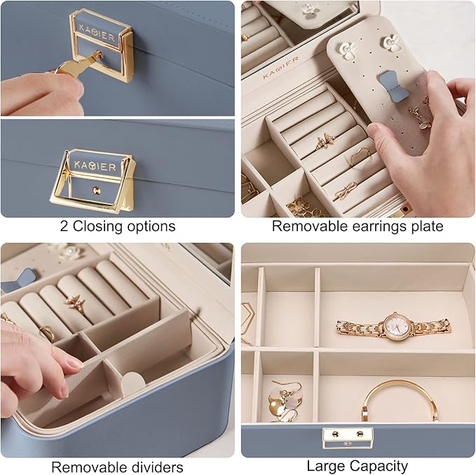 KAMIER Jewelry Organizer Box, 2 Layers PU Leather, Large Capacity, Double Lock and Large Mirror, Hidden Necklace Hooks, Remov