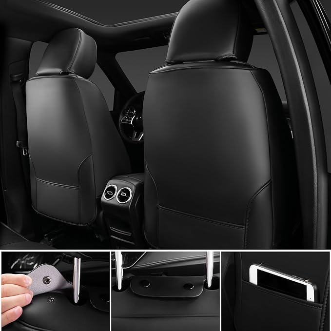 CAR PASS Nappa Leather Bling Diamond Black Red Seat Covers Full Set, Waterproof Calfskin Heavy-Duty Anti-Slip, Universal Fit 