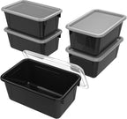 Storex Small Cubby Bins – Plastic Storage Containers for Classroom with Non-Snap Lid, 12.2 x 7.8 x 5.1 inches, Black, 5-Pack 