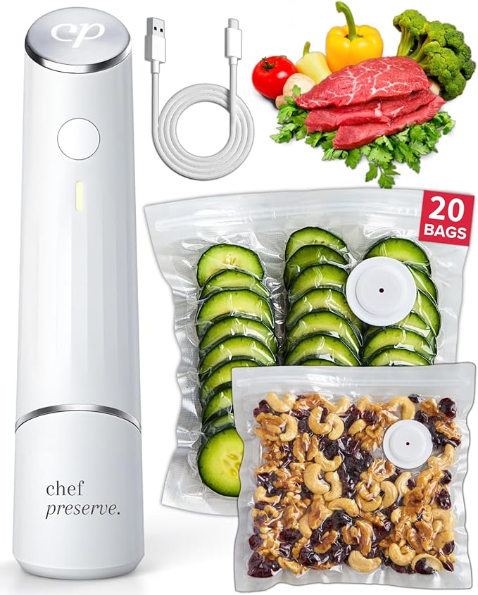 Chef Preserve Compact Vacuum Sealer for Food (Vacuum Sealer Machine + 20 Reusable Vacuum Bags) Powerful Handheld Vacuum Seale