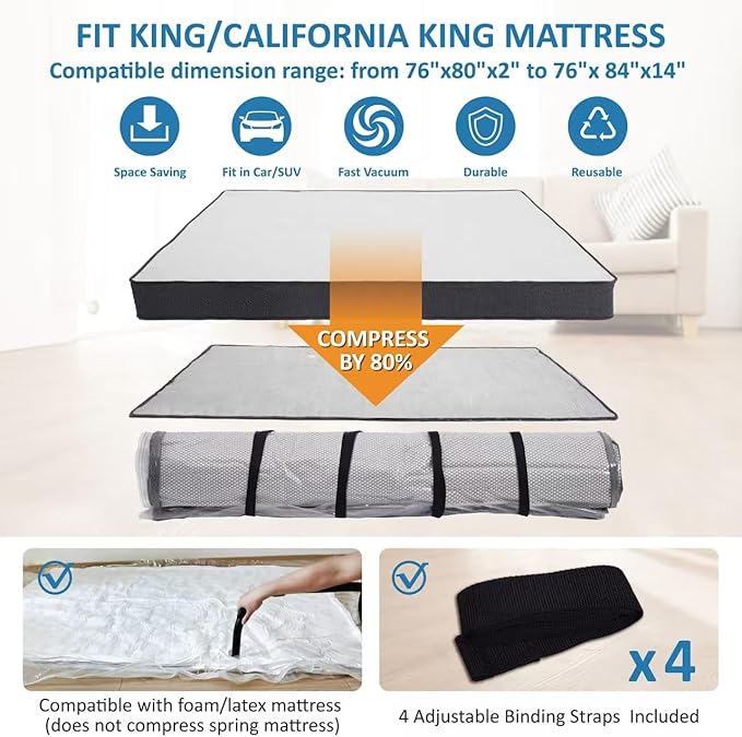 Storage Logic Foam Mattress Vacuum Bag for Moving, Storage, Vacuum Seal Mattress Bag with Straps (King/Cal-King)