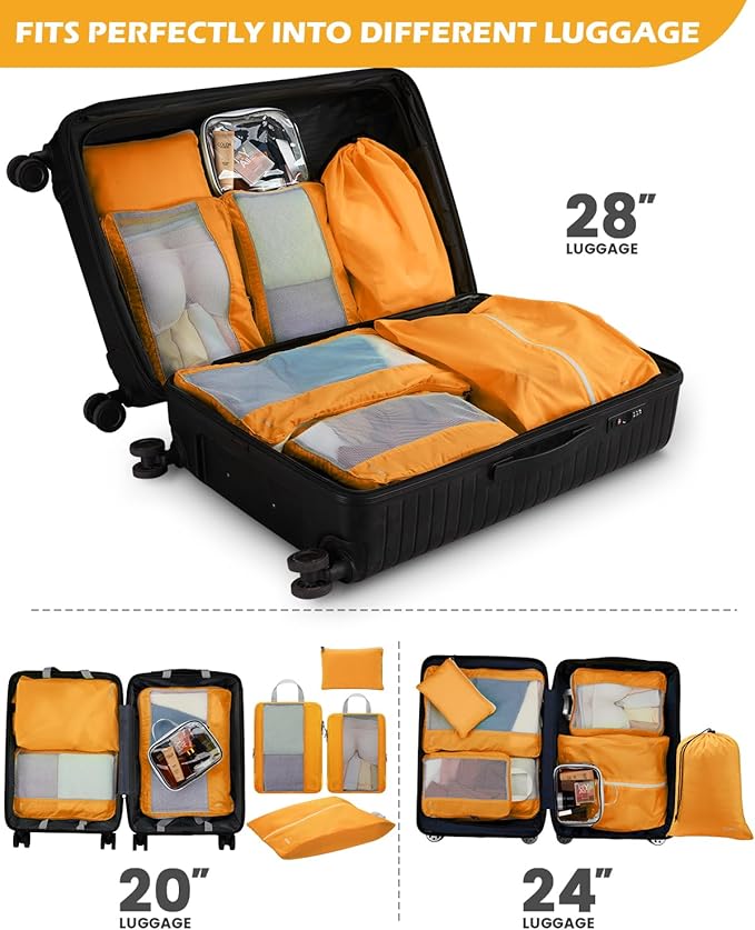 Gonex 8 Set Expandable Mesh Packing Cubes for Travel - Compression Packing Organizers with Toiletry, Laundry, Shoe & Cable Ba