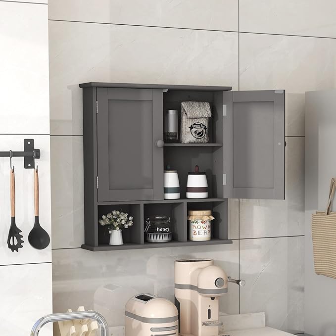 TaoHFE Grey Bathroom Cabinet,Bathroom Wall Cabinet with 2 Door Adjustable Shelves,Over The Toilet Storage Cabinet,Bathroom Ca