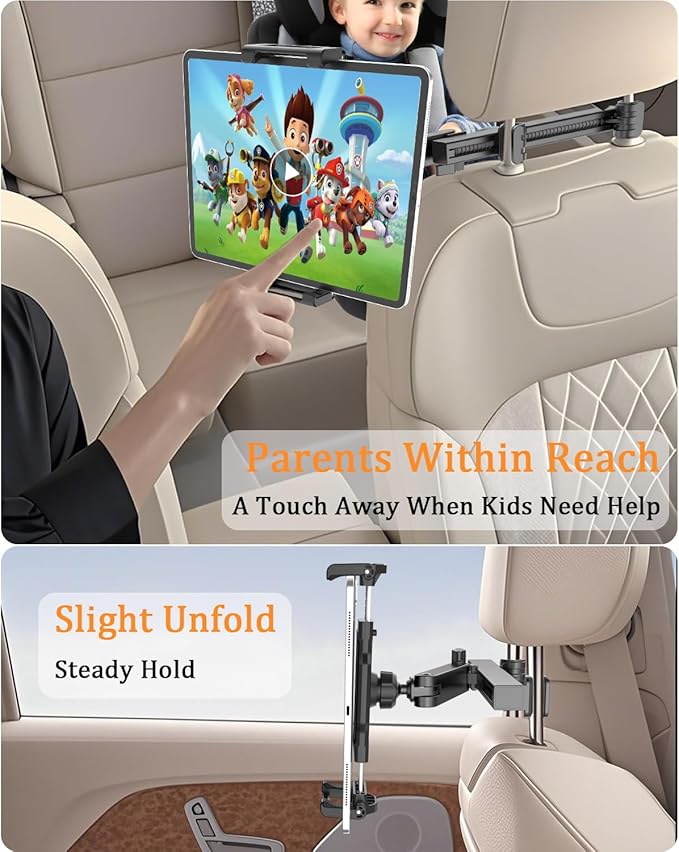 Car Headrest Tablet Holder, [Adjustable Extension Arm] Back Seat Tablet Mount with Foldable Wide Clip, Essential for Kids Travel, for iPad Pro 13, Air, Mini, Galaxy Tab, Fire, 5.5-15.6" Devices