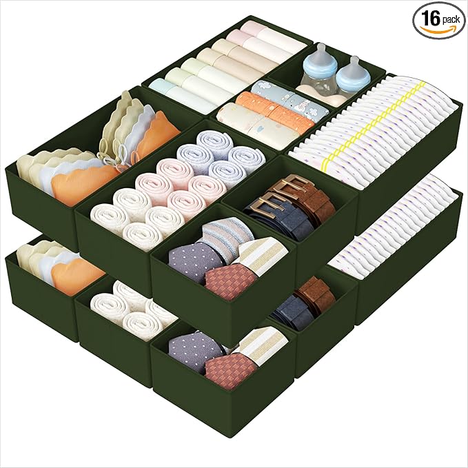 DIMJ Drawer Organizers Clothes, Set of 16 Dresser Organizer Bins, Fabric Closet Organizers and Storage, Shallow Drawer Divide