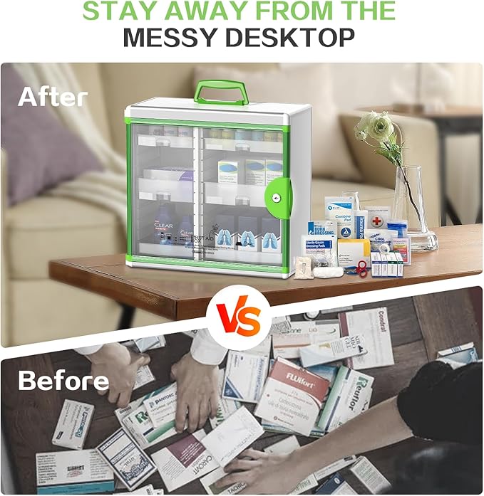 Glosen Medicine Cabinet with Key Wall Mounted Medication Lock Box 【 Green 15x 6.7 x 13 Inch】 Portable Storage Container Big C