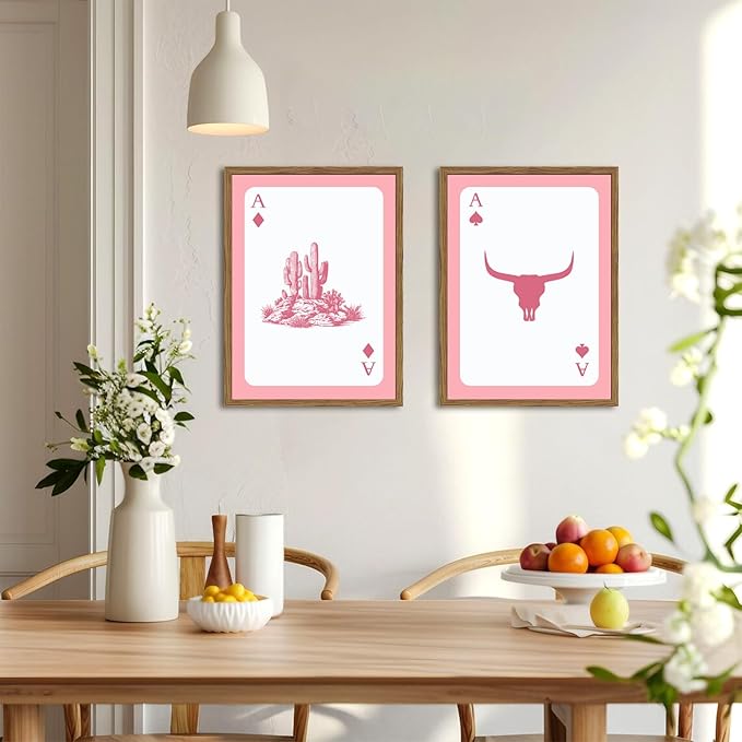 Western Wall Art Set of 3, Southwestern Cowboy Playing Card Wall Decor, Pink Longhorn Bull Skull and How Lucky are We Poster 