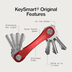 KeySmart Original Key Holder - Compact Key Organizer for Key Chain, Minimalist Clutter-Free EDC Keychains Key Ring, Red, 14 K