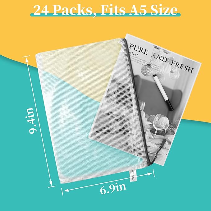 A5 Mesh Zipper Pouch, 24 Pack 9.4" x 6.9" Plastic Zipper Pouches for Organizing, Multipurpose Waterproof Zipper Bags for Trav