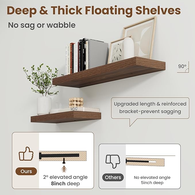 24 Inch Floating Shelves for Wall, 8 Inch Deep Floating Shelf for Storage & Display, Rustic Wall Mounted Shelf with Invisible