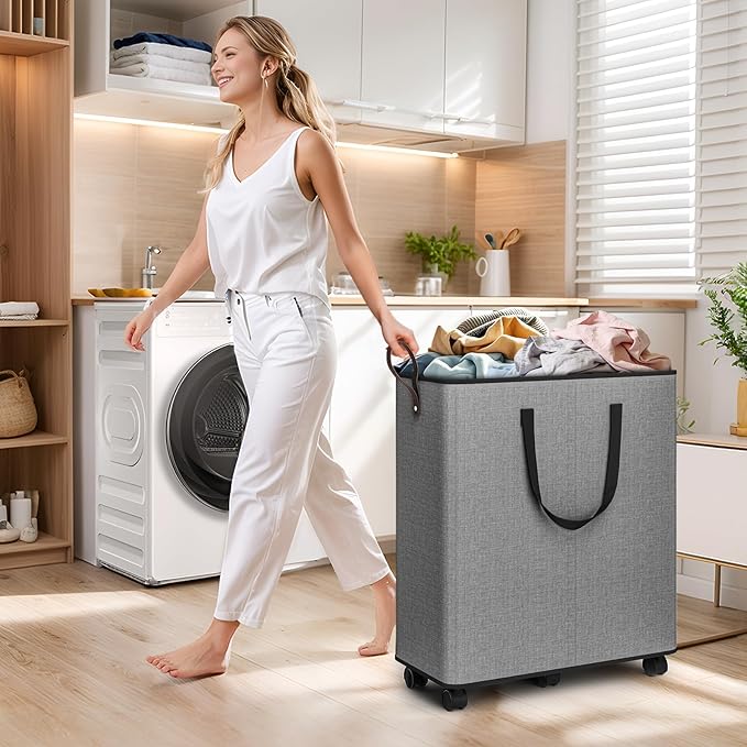SpaceTrove Laundry Basket with Wheels, Collapsible Laundry Baskets, Laundry Hamper with Handles Detachable Wheels, Rolling La